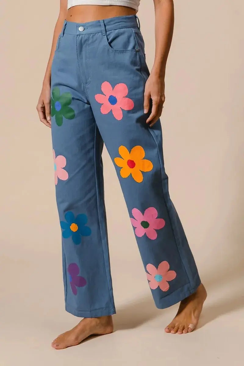 BiBi Flower Print Straight Legs Pants for Chic Style - Love Salve